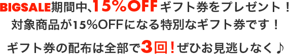 BIGSALE期間中、15%OFFギフト券をプレゼント！ギフト券の配布は全部で3回！ぜひお見逃しなく♪！